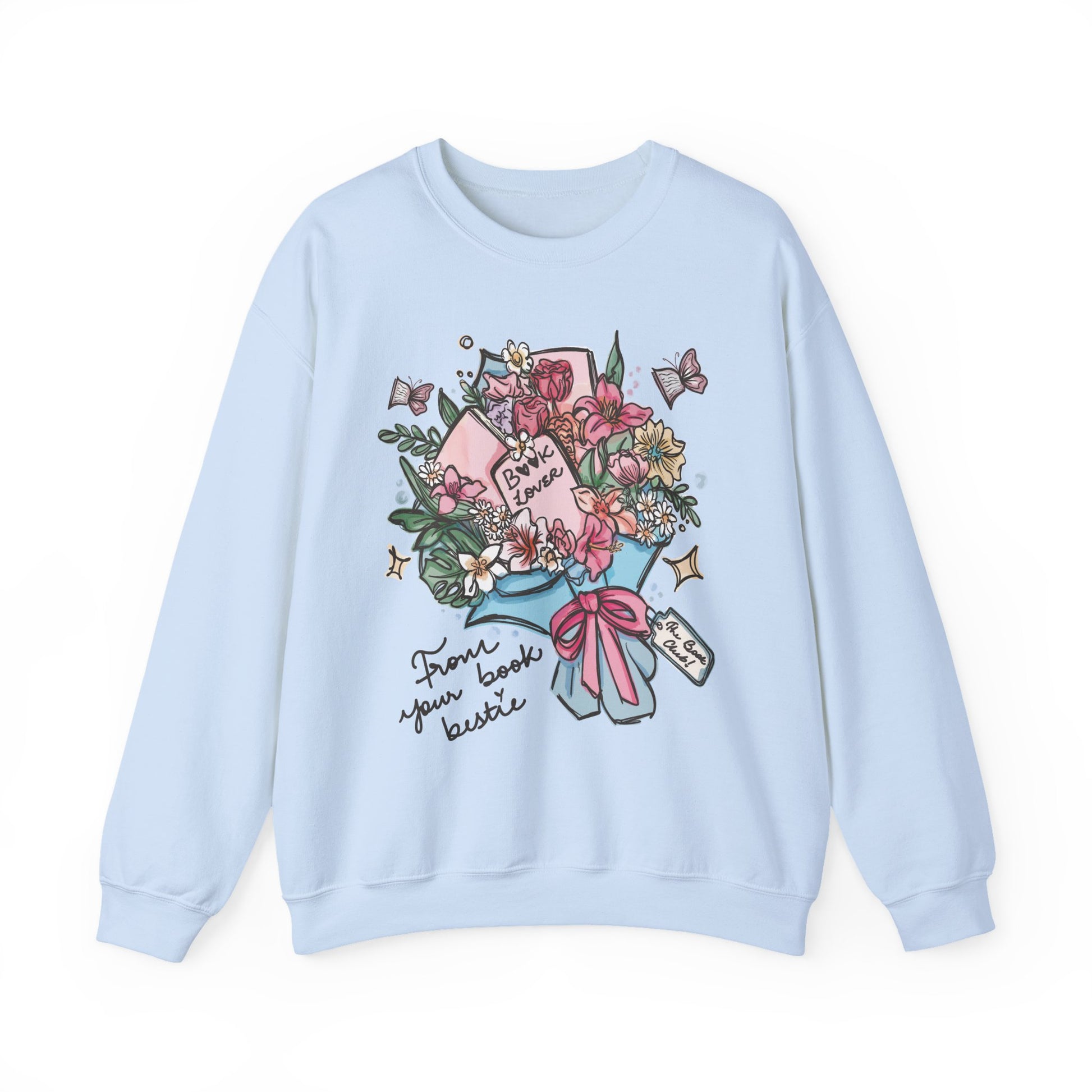 Light Blue Sweatshirt with book bouquet design. item is perfect as a gift for readers and book besties.