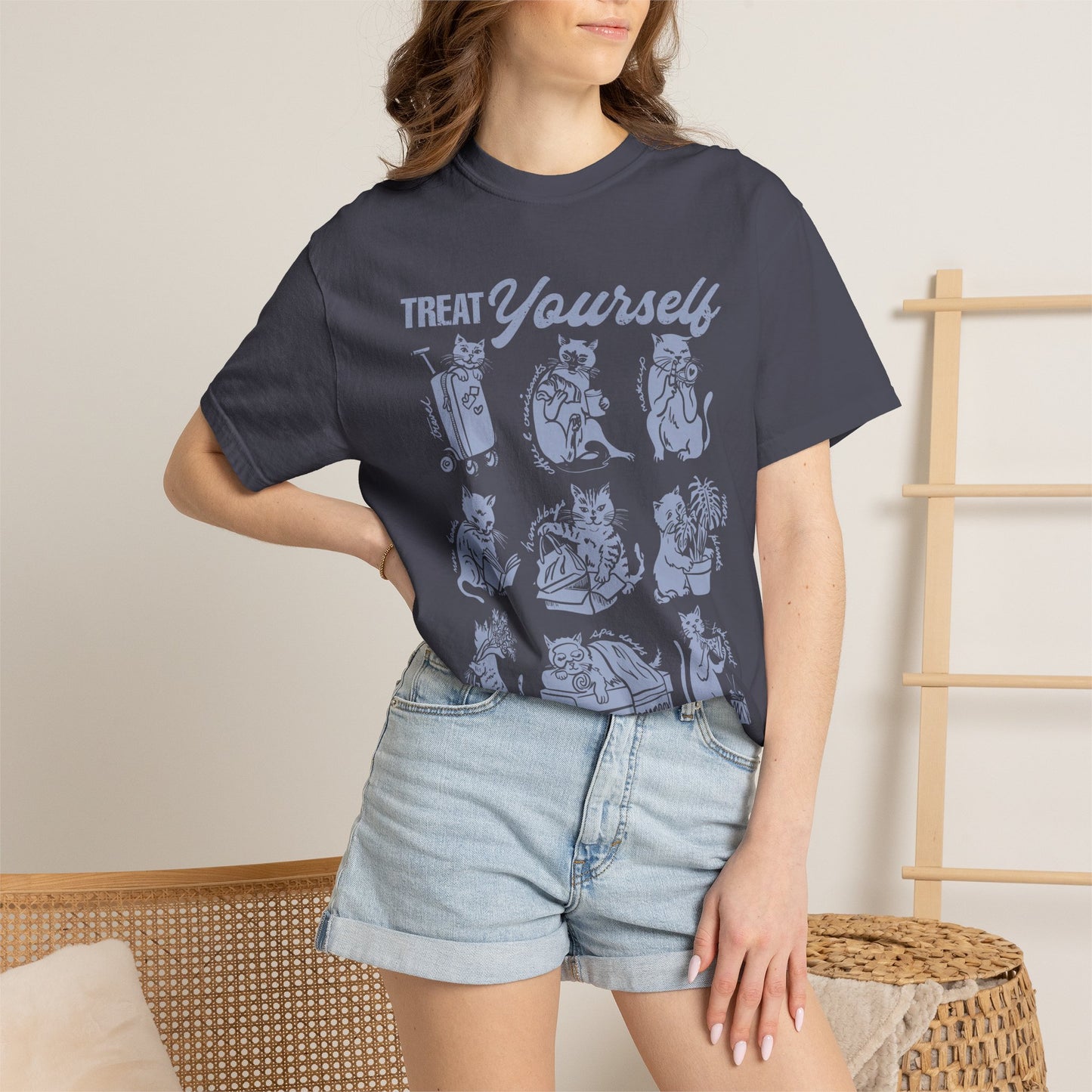 Cats Treat Yourself Shirt Vintage Style Calico Cat Mom Gift Tortoiseshell Cat Clothes Bookish Tee Coffee & Croissant Plant Mama Pizza Lover