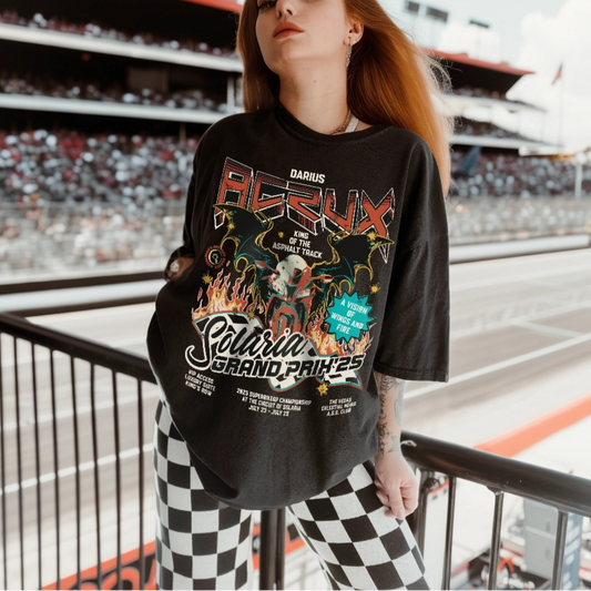 A soft, black, comfort colors tee with a Darius Acrux Superbike Racing inspired graphic print on it for fans of the Zodiac Academy series. The model is wearing an oversized fit to give a thrifted look. The idea behind the design is to give a subtle not to a book rather than an actual racing competition.