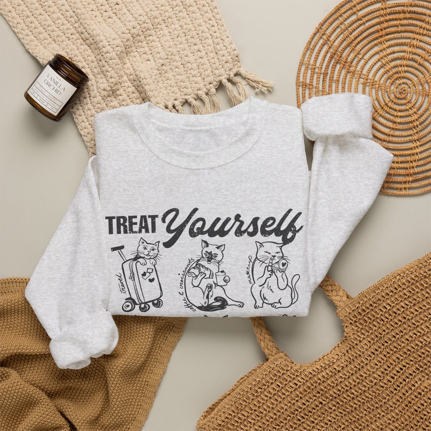 Treat Yourself Cat Sweatshirt Black Tabby Cat Mom Gift Siamese Cat Clothes Tuxedo Cat Meme Shirt Coffee Lover Homebody Plant Mama Romance