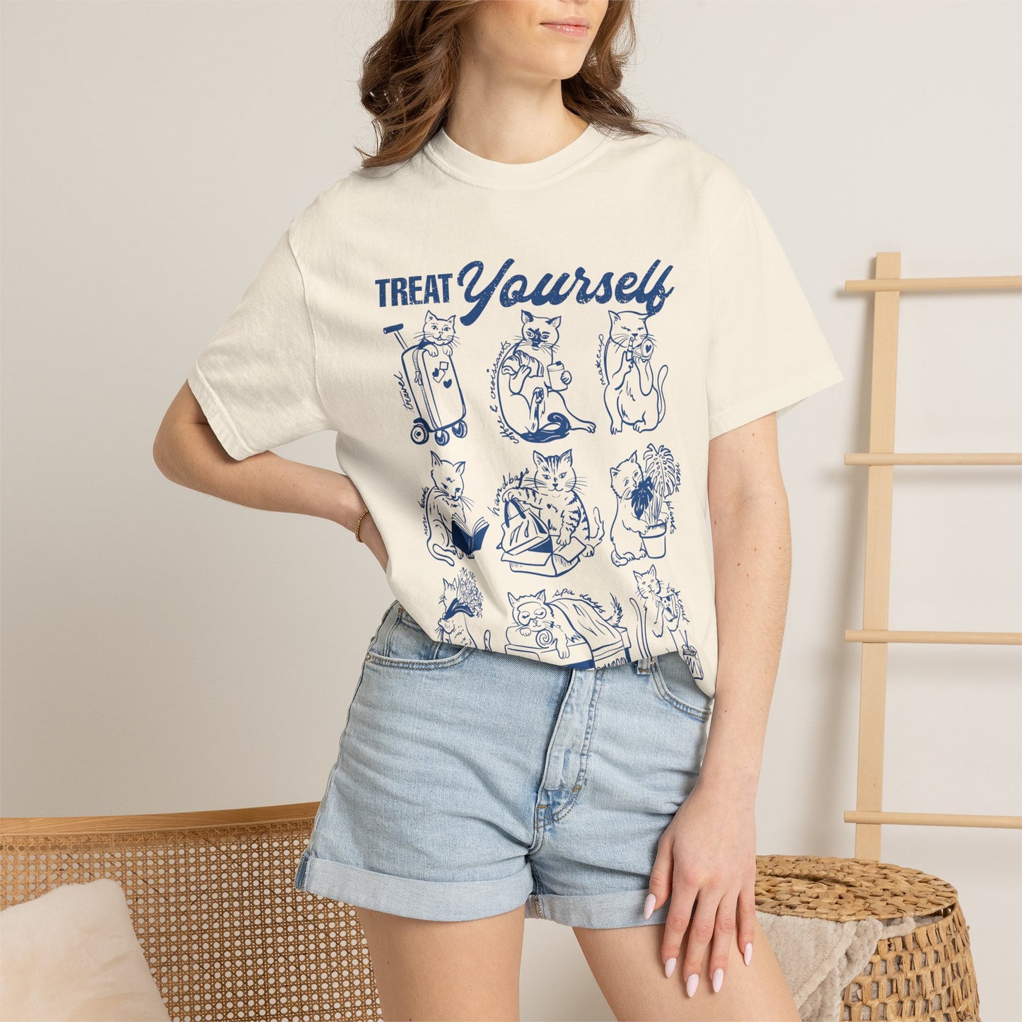 Cats Treat Yourself Shirt Vintage Style Calico Cat Mom Gift Tortoiseshell Cat Clothes Bookish Tee Coffee & Croissant Plant Mama Pizza Lover