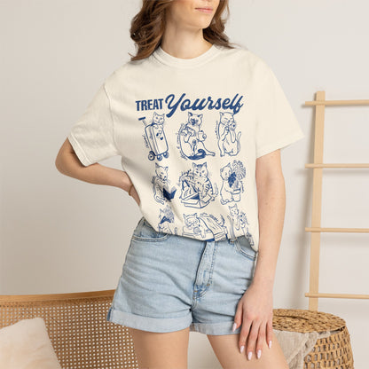 Cats Treat Yourself Shirt Vintage Style Calico Cat Mom Gift Tortoiseshell Cat Clothes Bookish Tee Coffee & Croissant Plant Mama Pizza Lover