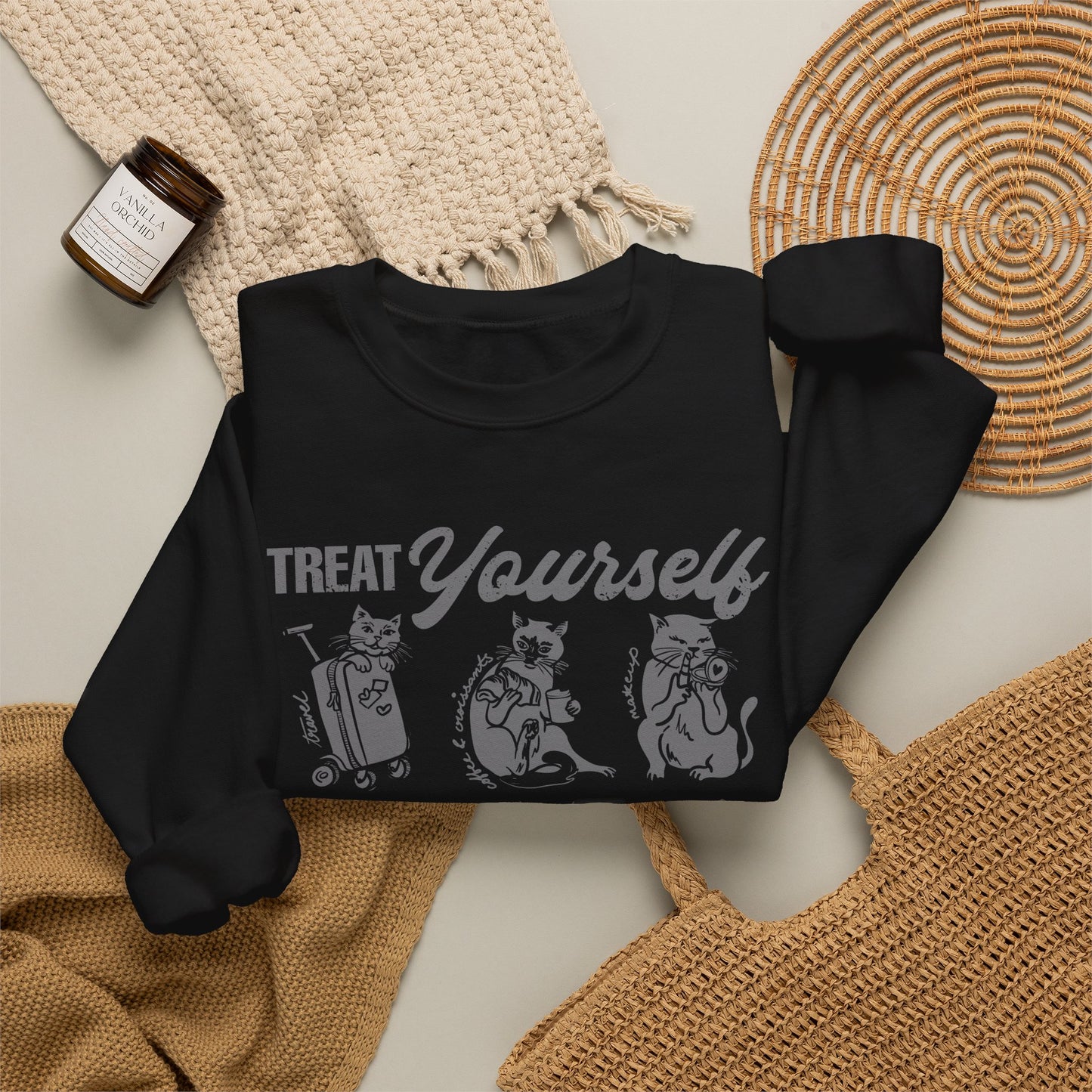 Treat Yourself Cat Sweatshirt Black Tabby Cat Mom Gift Siamese Cat Clothes Tuxedo Cat Meme Shirt Coffee Lover Homebody Plant Mama Romance