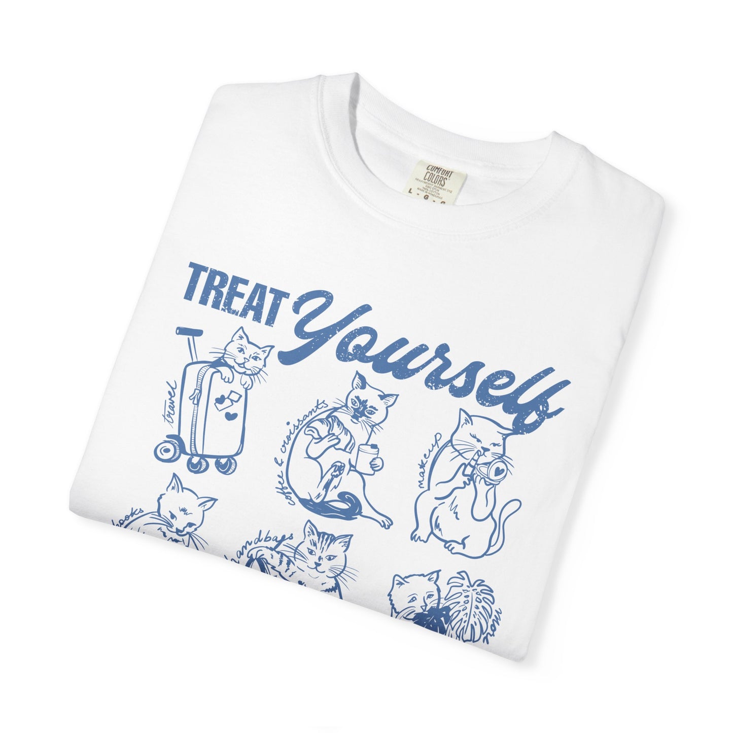 Cats Treat Yourself Shirt Vintage Style Calico Cat Mom Gift Tortoiseshell Cat Clothes Bookish Tee Coffee & Croissant Plant Mama Pizza Lover