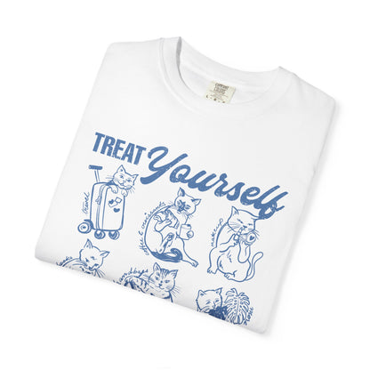 Cats Treat Yourself Shirt Vintage Style Calico Cat Mom Gift Tortoiseshell Cat Clothes Bookish Tee Coffee & Croissant Plant Mama Pizza Lover