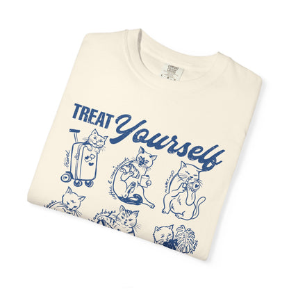 Cats Treat Yourself Shirt Vintage Style Calico Cat Mom Gift Tortoiseshell Cat Clothes Bookish Tee Coffee & Croissant Plant Mama Pizza Lover