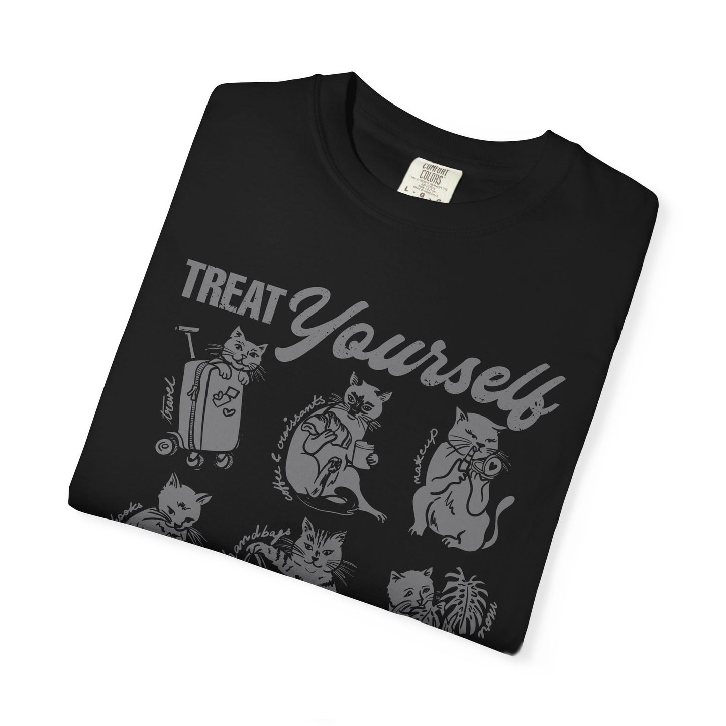 Cats Treat Yourself Shirt Vintage Style Calico Cat Mom Gift Tortoiseshell Cat Clothes Bookish Tee Coffee & Croissant Plant Mama Pizza Lover