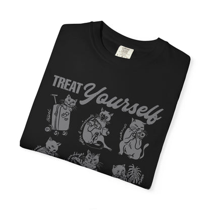 Cats Treat Yourself Shirt Vintage Style Calico Cat Mom Gift Tortoiseshell Cat Clothes Bookish Tee Coffee & Croissant Plant Mama Pizza Lover
