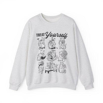 Treat Yourself Cat Sweatshirt Black Tabby Cat Mom Gift Siamese Cat Clothes Tuxedo Cat Meme Shirt Coffee Lover Homebody Plant Mama Romance