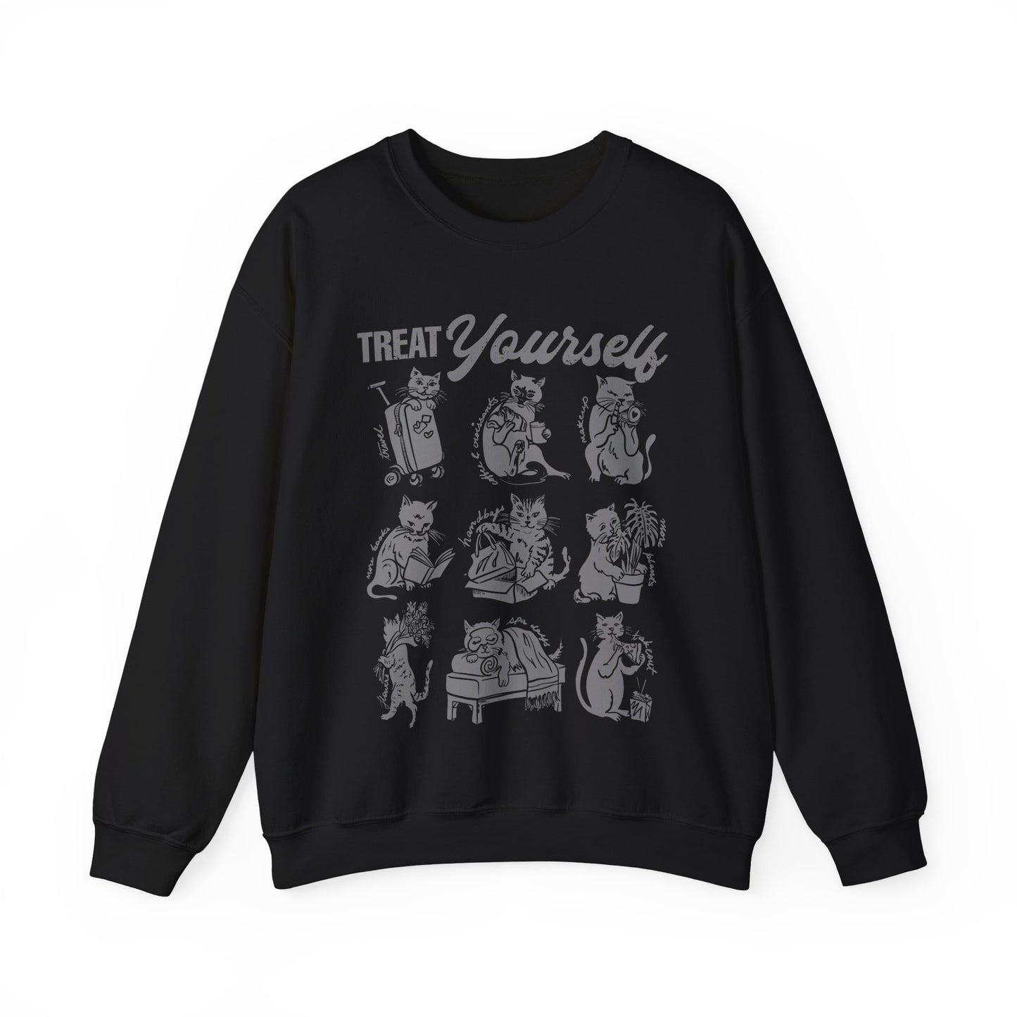 Treat Yourself Cat Sweatshirt Black Tabby Cat Mom Gift Siamese Cat Clothes Tuxedo Cat Meme Shirt Coffee Lover Homebody Plant Mama Romance