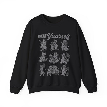 Treat Yourself Cat Sweatshirt Black Tabby Cat Mom Gift Siamese Cat Clothes Tuxedo Cat Meme Shirt Coffee Lover Homebody Plant Mama Romance