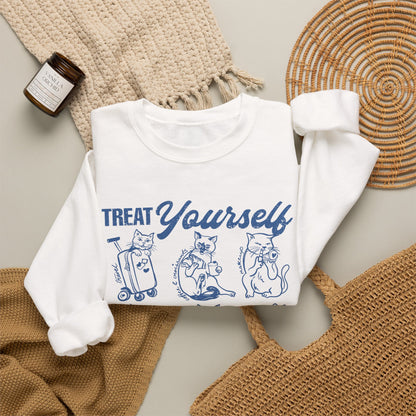 Treat Yourself Cat Sweatshirt Black Tabby Cat Mom Gift Siamese Cat Clothes Tuxedo Cat Meme Shirt Coffee Lover Homebody Plant Mama Romance