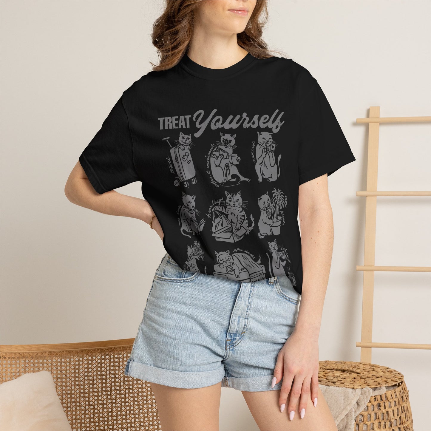 Cats Treat Yourself Shirt Vintage Style Calico Cat Mom Gift Tortoiseshell Cat Clothes Bookish Tee Coffee & Croissant Plant Mama Pizza Lover