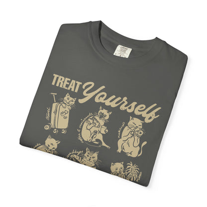 Cats Treat Yourself Shirt Vintage Style Calico Cat Mom Gift Tortoiseshell Cat Clothes Bookish Tee Coffee & Croissant Plant Mama Pizza Lover