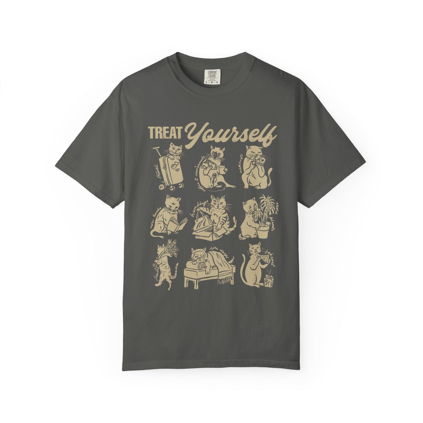 Cats Treat Yourself Shirt Vintage Style Calico Cat Mom Gift Tortoiseshell Cat Clothes Bookish Tee Coffee & Croissant Plant Mama Pizza Lover