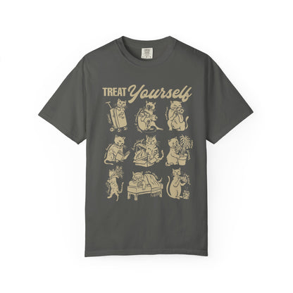Cats Treat Yourself Shirt Vintage Style Calico Cat Mom Gift Tortoiseshell Cat Clothes Bookish Tee Coffee & Croissant Plant Mama Pizza Lover