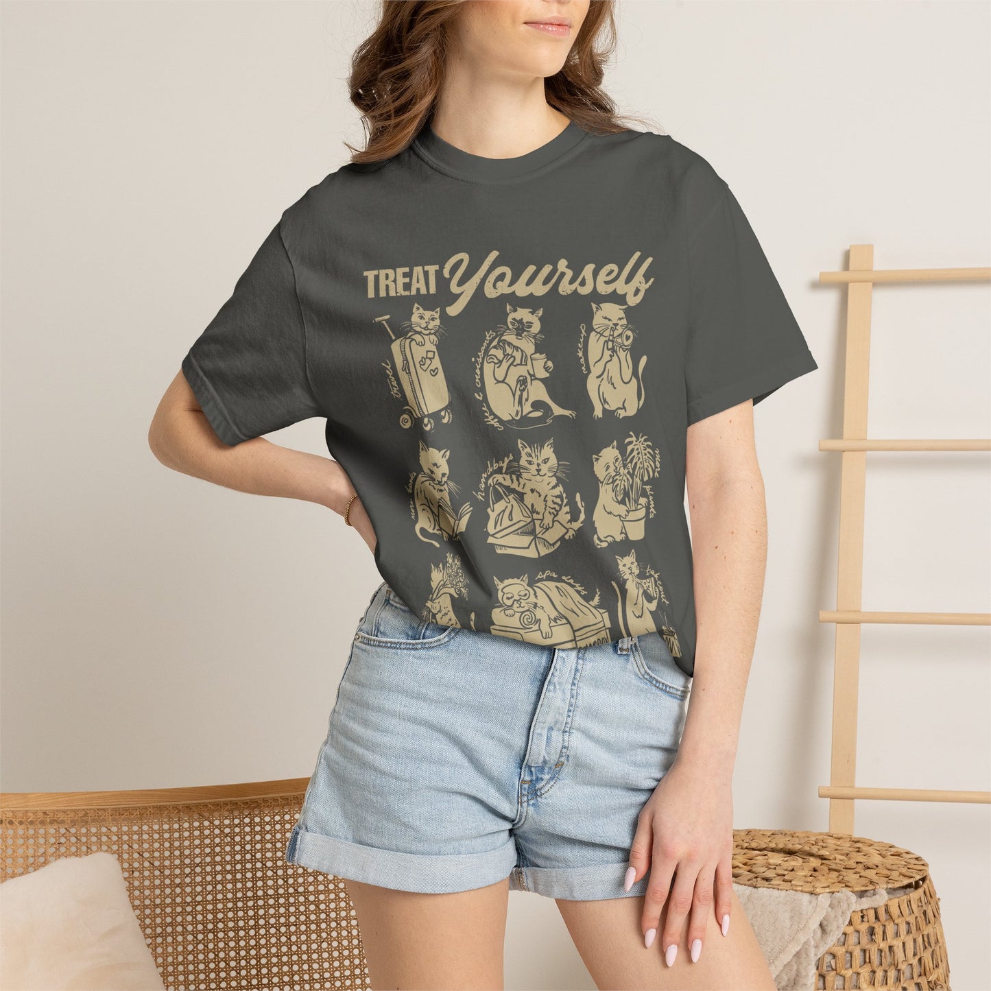 Cats Treat Yourself Shirt Vintage Style Calico Cat Mom Gift Tortoiseshell Cat Clothes Bookish Tee Coffee & Croissant Plant Mama Pizza Lover