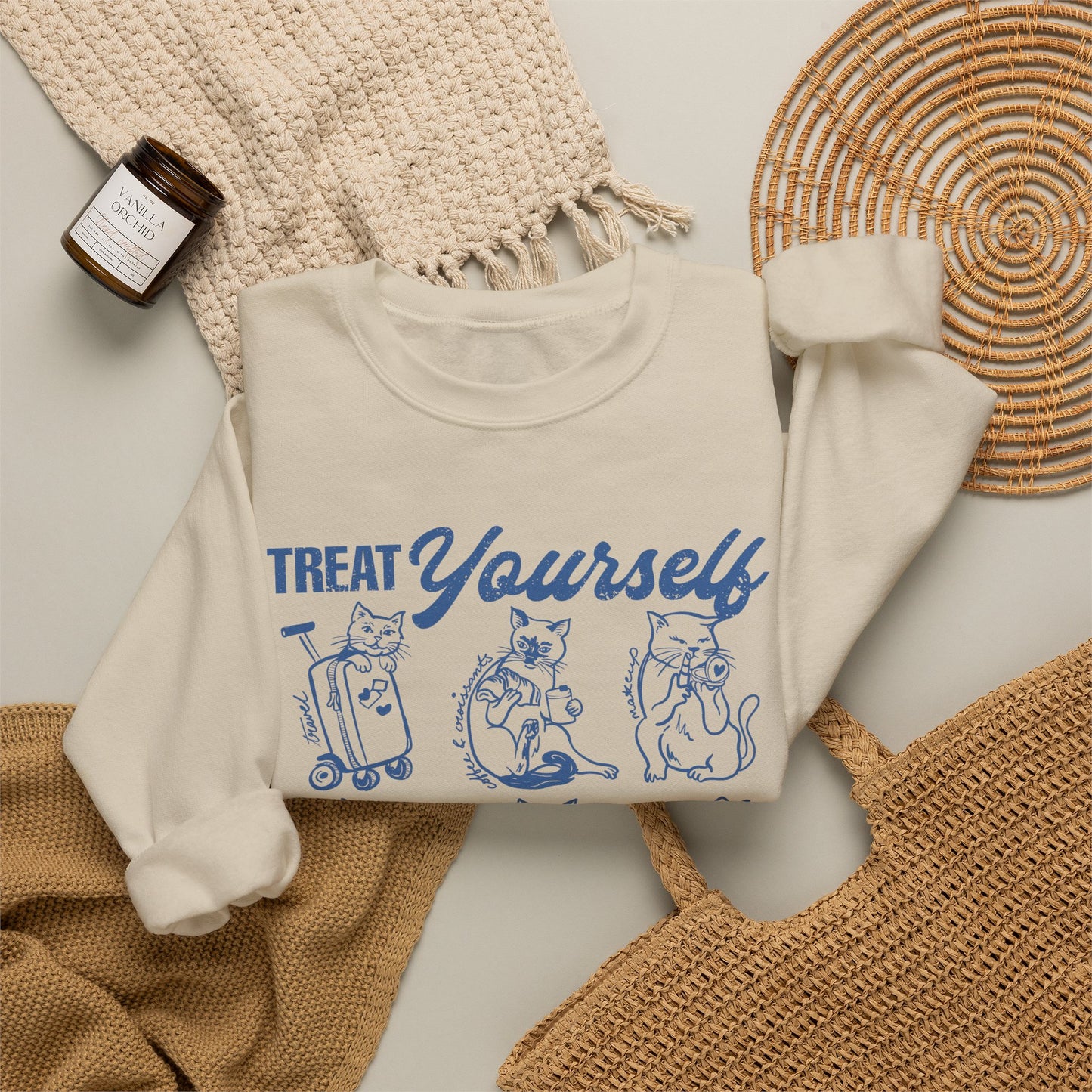 Treat Yourself Cat Sweatshirt Black Tabby Cat Mom Gift Siamese Cat Clothes Tuxedo Cat Meme Shirt Coffee Lover Homebody Plant Mama Romance