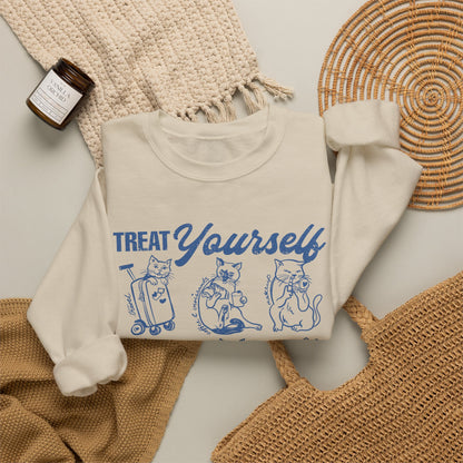 Treat Yourself Cat Sweatshirt Black Tabby Cat Mom Gift Siamese Cat Clothes Tuxedo Cat Meme Shirt Coffee Lover Homebody Plant Mama Romance